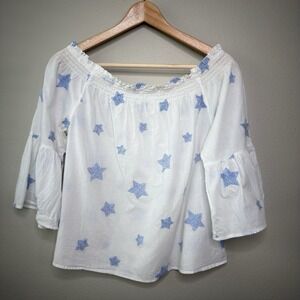 Alice Blue M Cotton Embroidered Stars Off Shoulder Smocked CottageCore Peasant